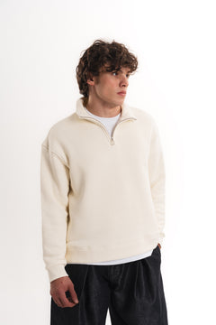 Oversize Yarım Fermuarlı Sweatshirt - Ekru