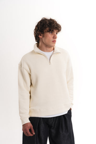 Oversize Yarım Fermuarlı Sweatshirt - Ekru