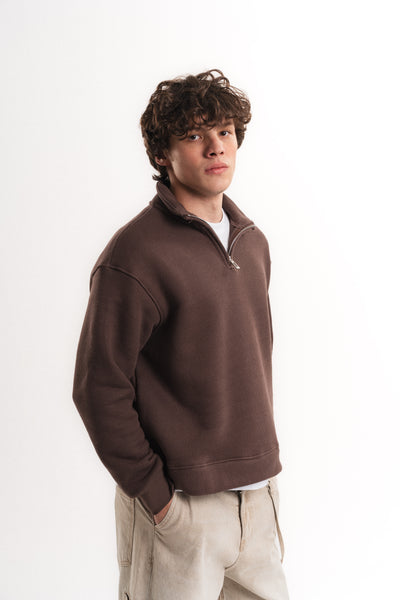 Oversize Yarım Fermuarlı Sweatshirt - Kahverengi
