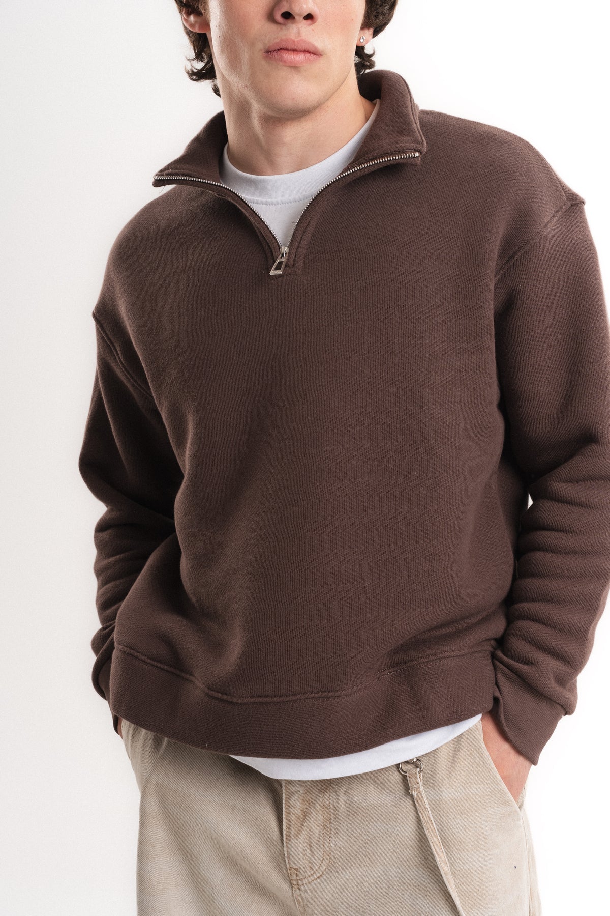 Oversize Yarım Fermuarlı Sweatshirt - Kahverengi