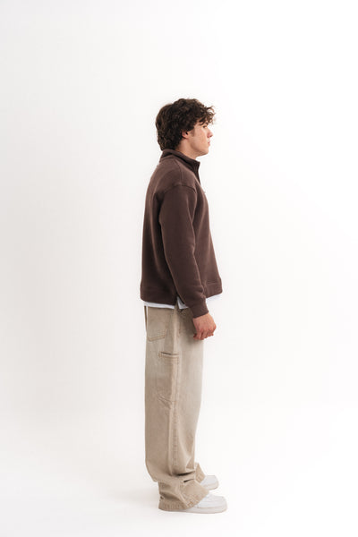 Oversize Yarım Fermuarlı Sweatshirt - Kahverengi
