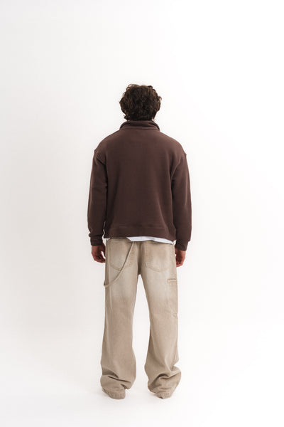 Oversize Yarım Fermuarlı Sweatshirt - Kahverengi