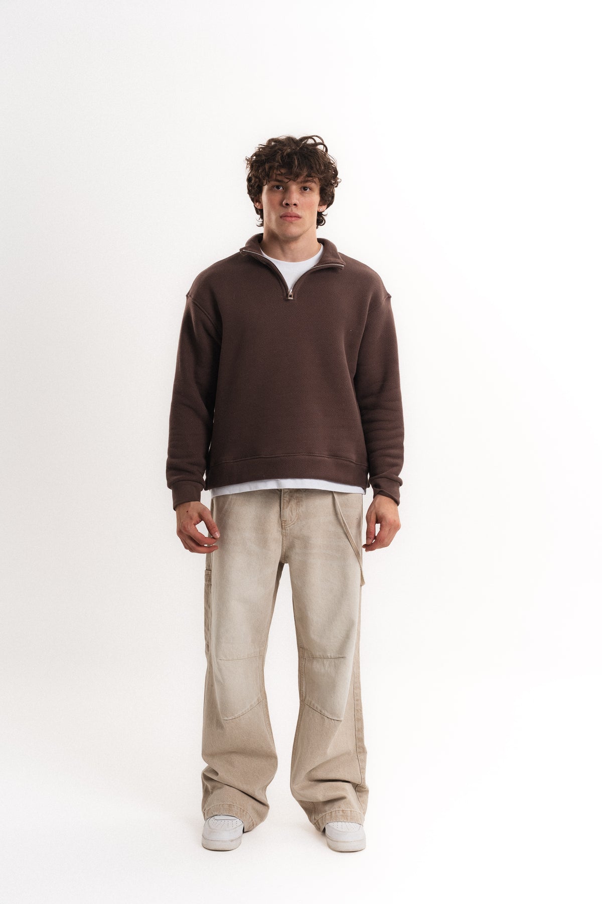 Oversize Yarım Fermuarlı Sweatshirt - Kahverengi