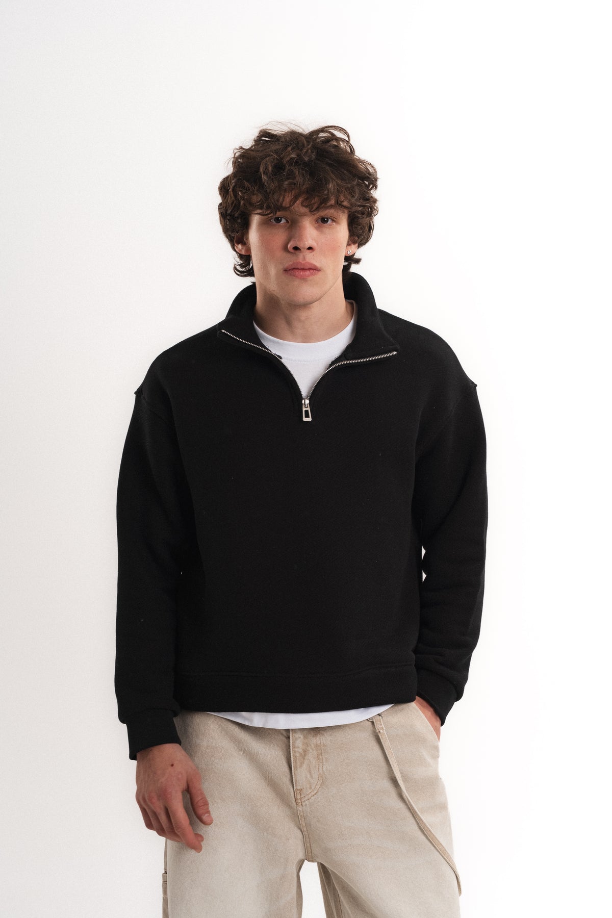 Oversize Yarım Fermuarlı Sweatshirt - Siyah