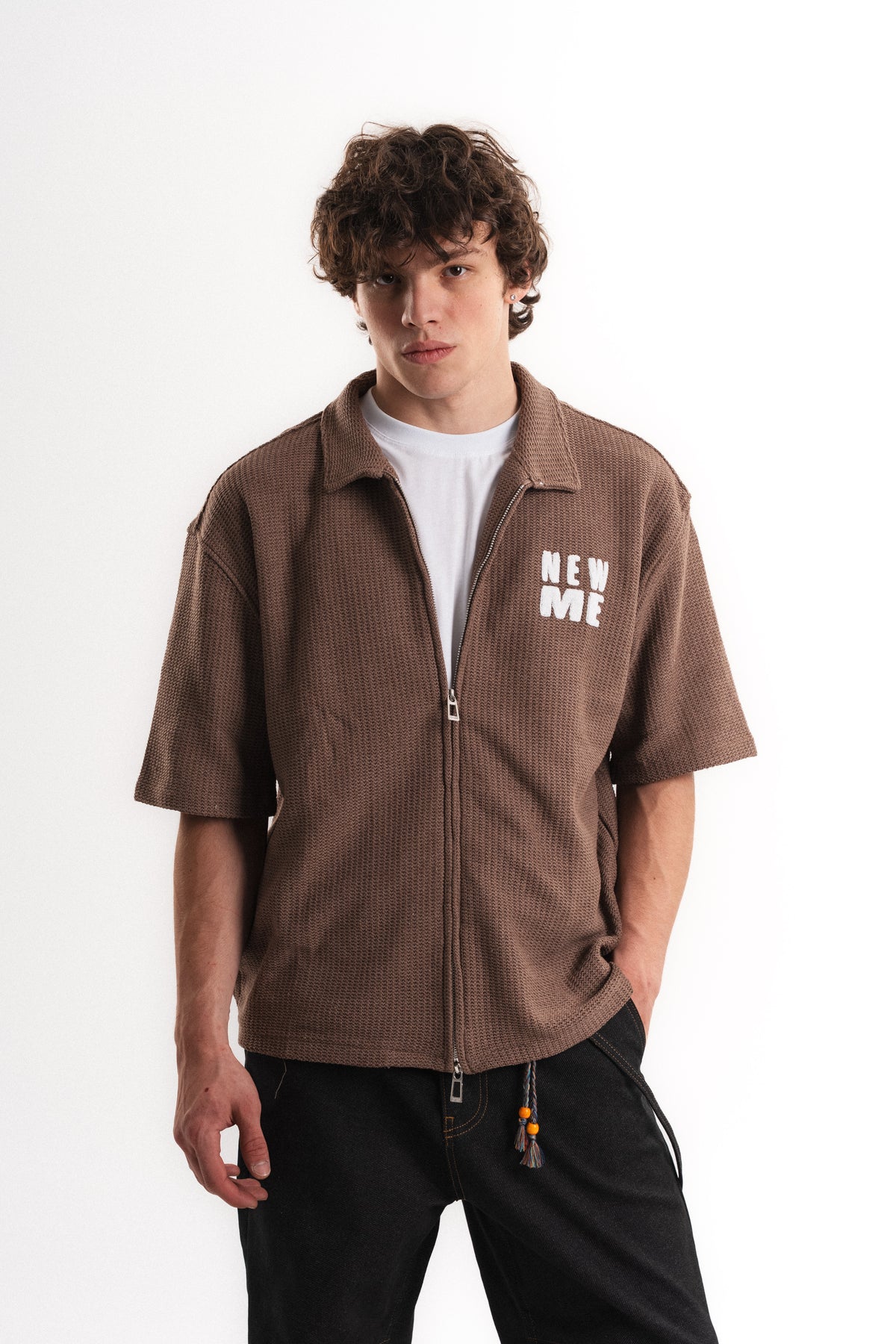 Tiger Nakışlı Oversize Jakar Üst - Kahverengi