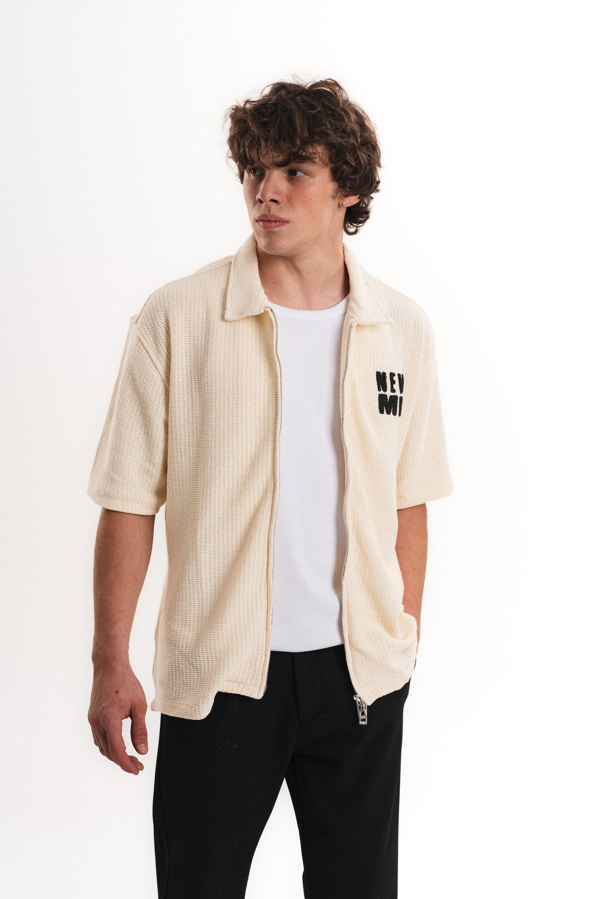 Tiger Nakışlı Oversize Jakar Üst - Krem
