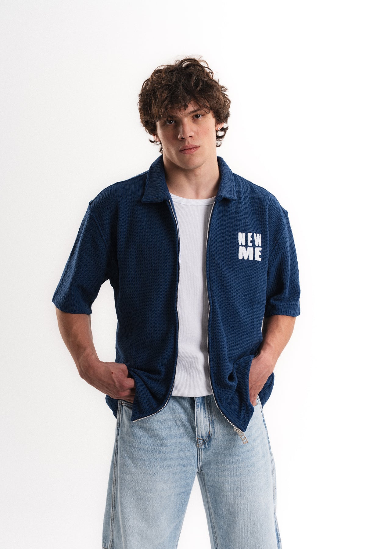 Tiger Nakışlı Oversize Jakar Üst - Mavi