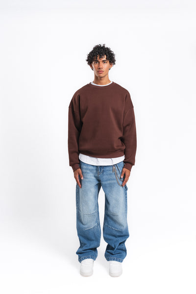 Base Oversize Bisiklet Yaka Sweatshirt Kahve