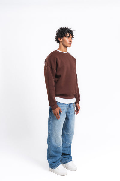 Base Oversize Bisiklet Yaka Sweatshirt Kahve