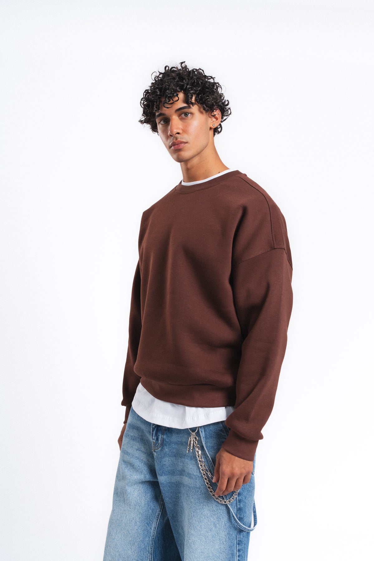 Base Oversize Bisiklet Yaka Sweatshirt Kahve
