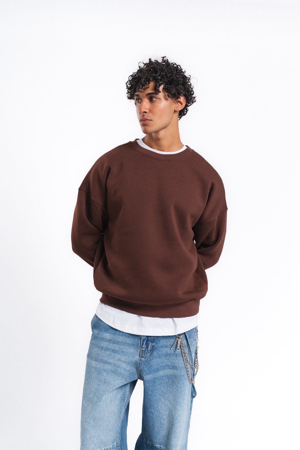 Base Oversize Bisiklet Yaka Sweatshirt Kahve