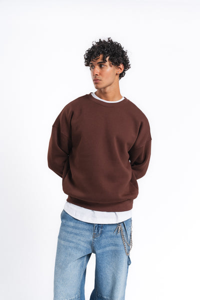Base Oversize Bisiklet Yaka Sweatshirt Kahve