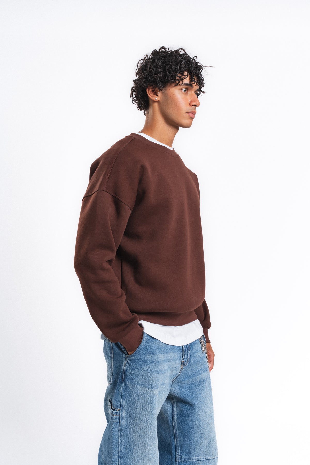 Base Oversize Bisiklet Yaka Sweatshirt Kahve