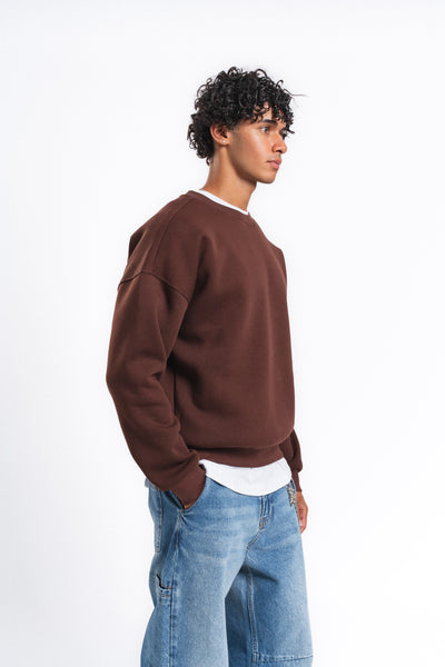 Base Oversize Bisiklet Yaka Sweatshirt Kahve