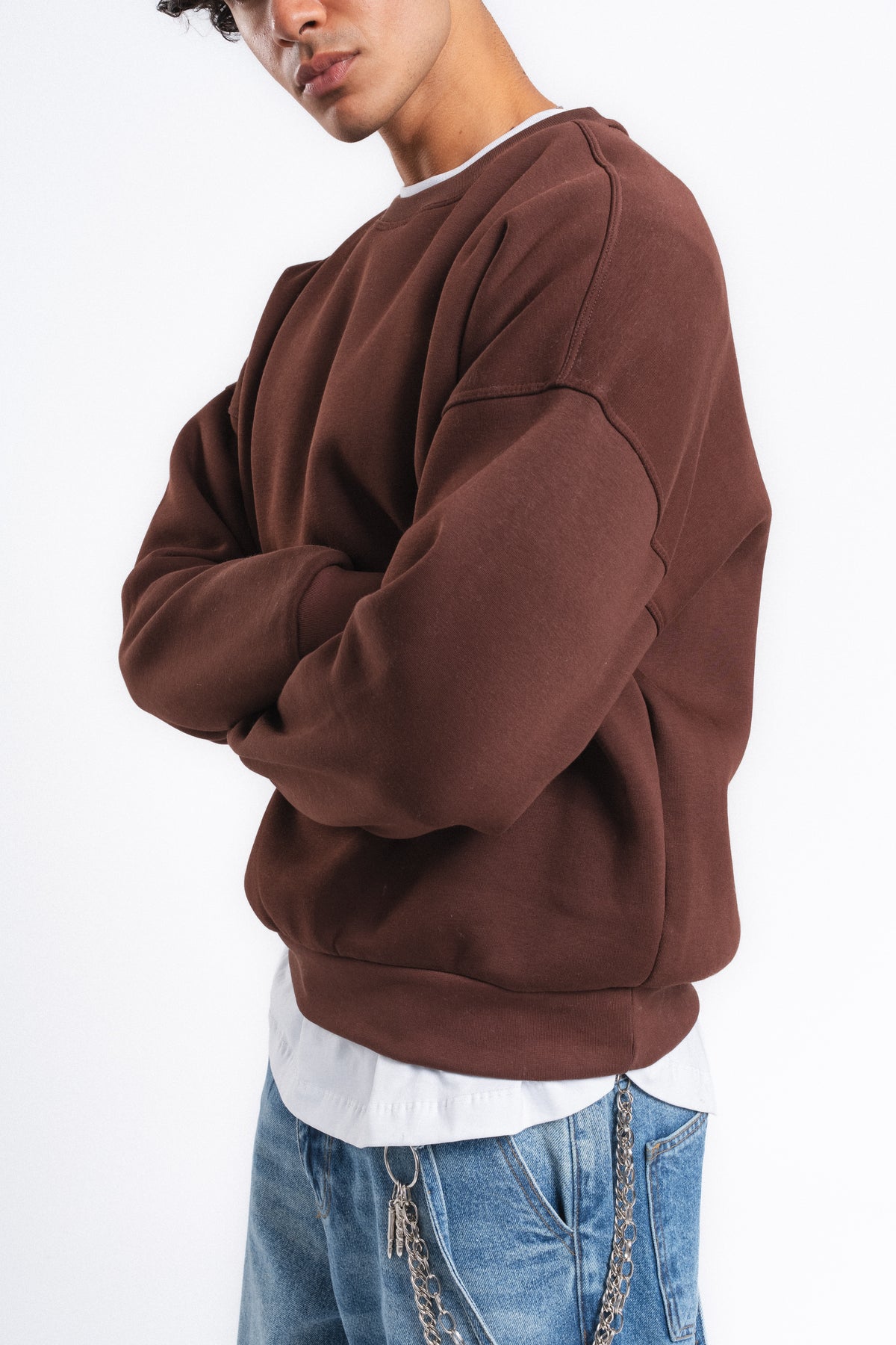 Base Oversize Bisiklet Yaka Sweatshirt Kahve