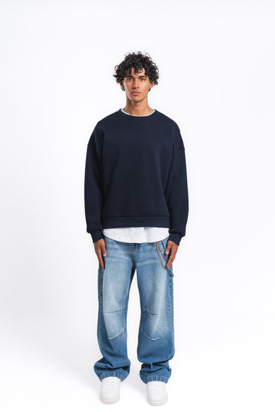Base Oversize Bisiklet Yaka Sweatshirt Lacivert