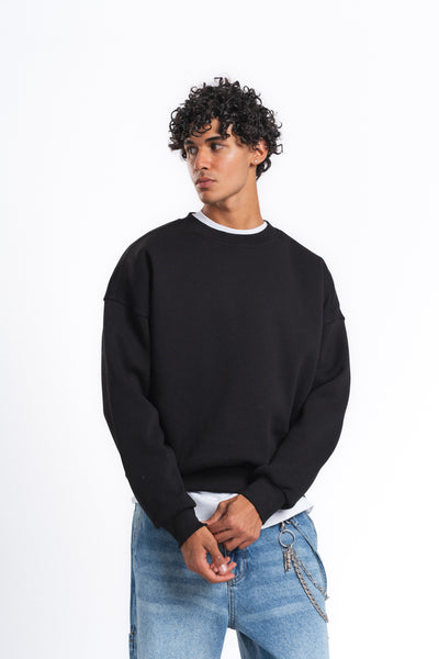 Base Oversize Bisiklet Yaka Sweatshirt Siyah