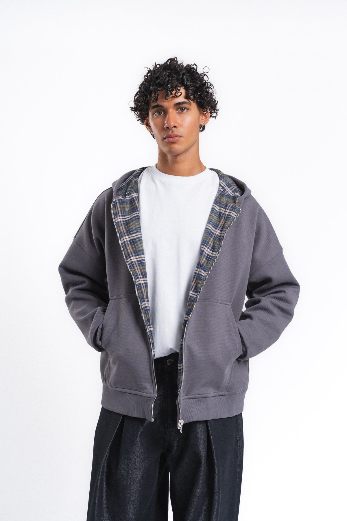 Switch Kareli Çift Taraflı Fermuarlı Hoodie Antrasit