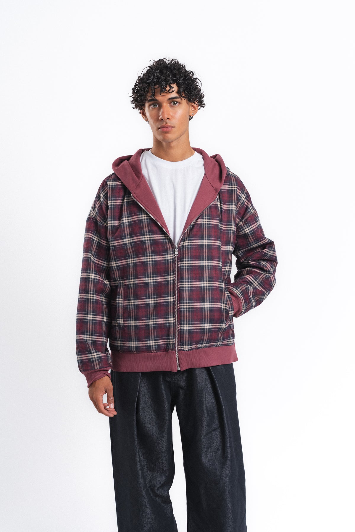 Switch Kareli Çift Taraflı Fermuarlı Hoodie Bordo