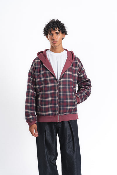 Switch Kareli Çift Taraflı Fermuarlı Hoodie Bordo