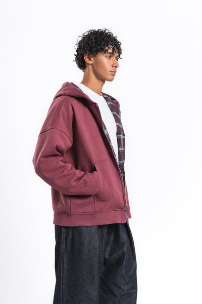 Switch Kareli Çift Taraflı Fermuarlı Hoodie Bordo