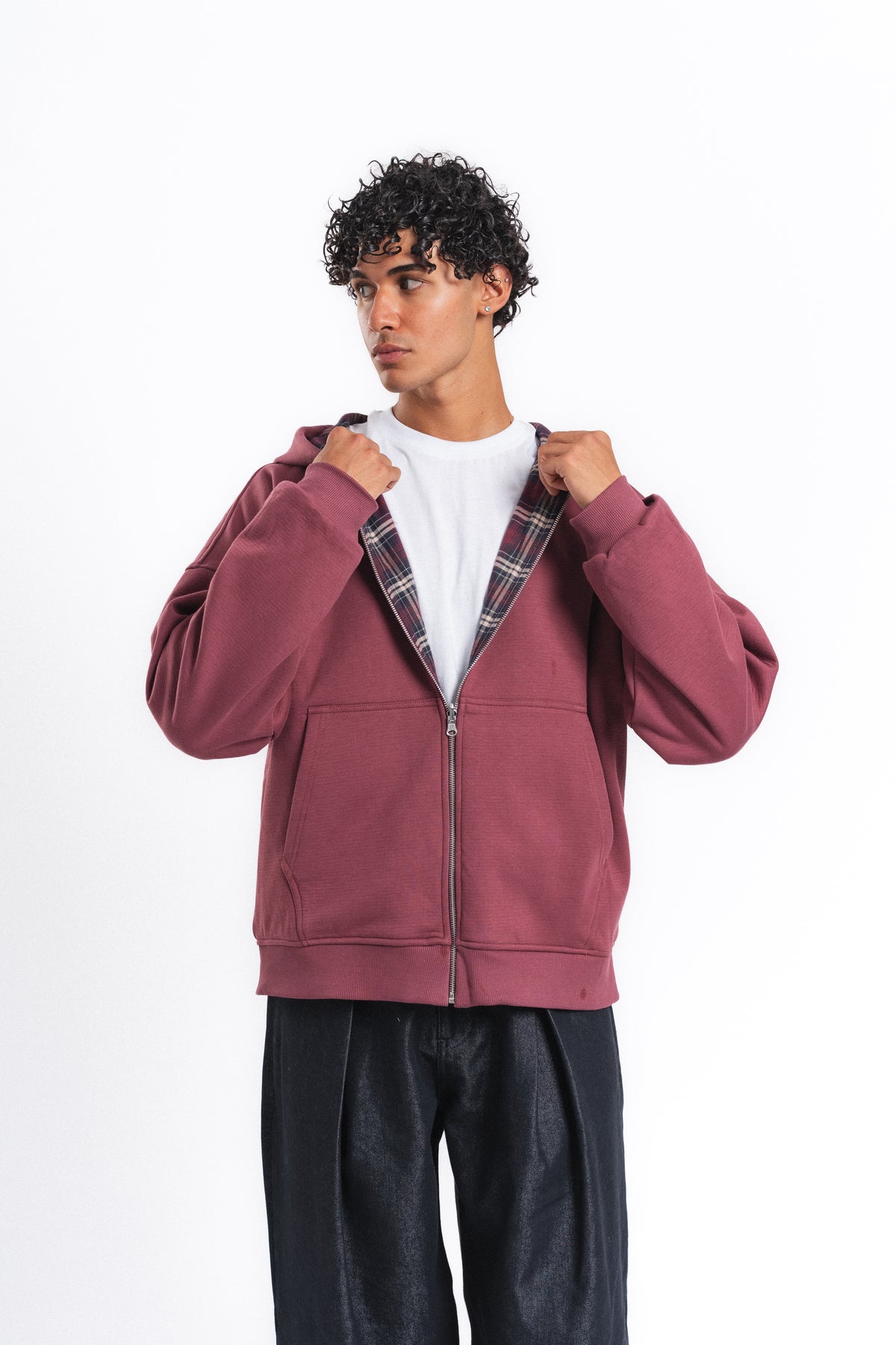 Switch Kareli Çift Taraflı Fermuarlı Hoodie Bordo