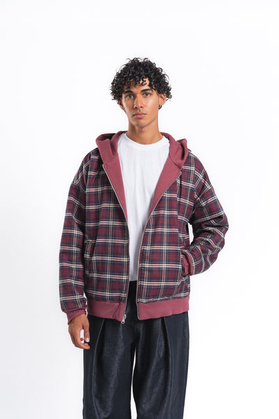Switch Kareli Çift Taraflı Fermuarlı Hoodie Bordo