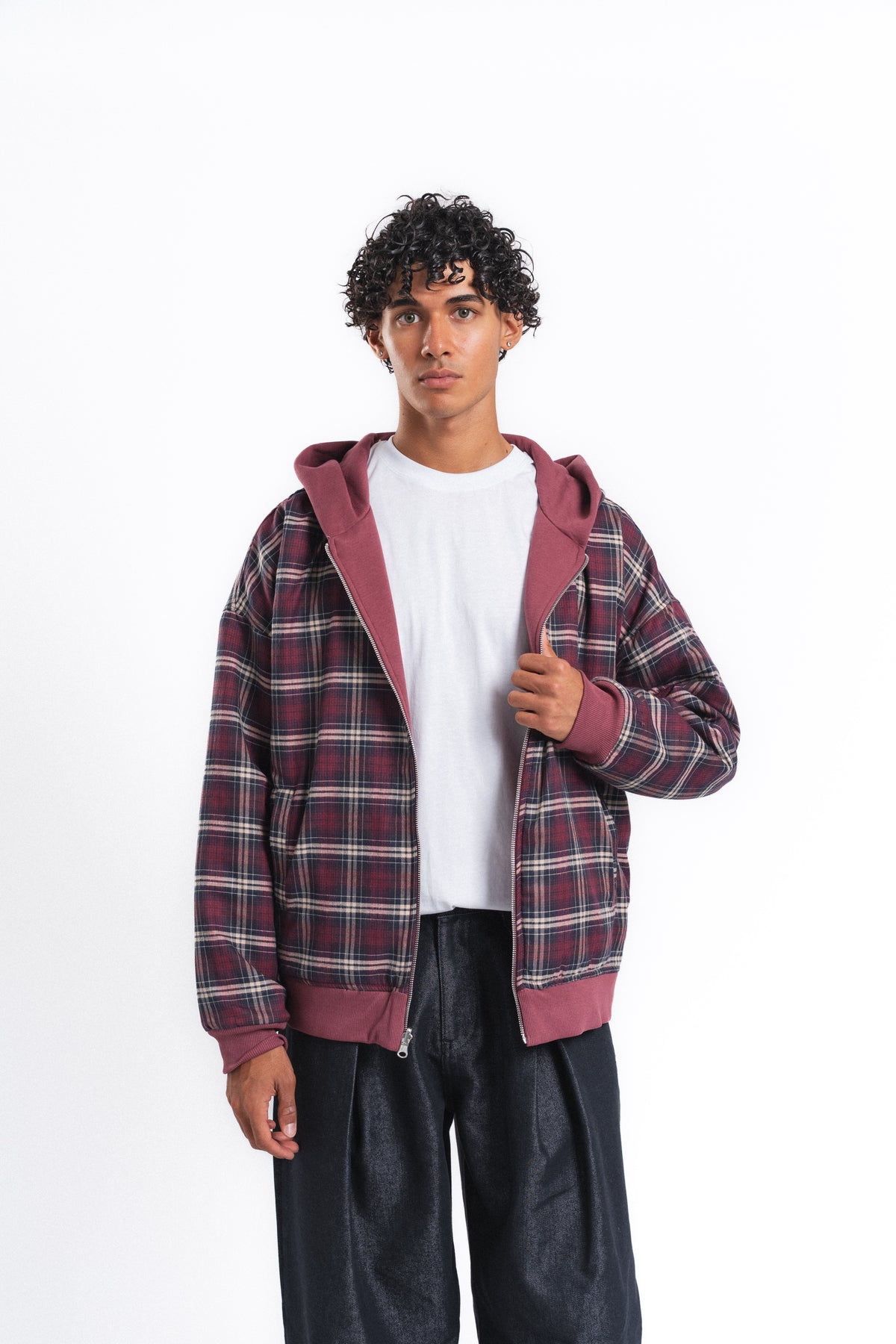 Switch Kareli Çift Taraflı Fermuarlı Hoodie Bordo