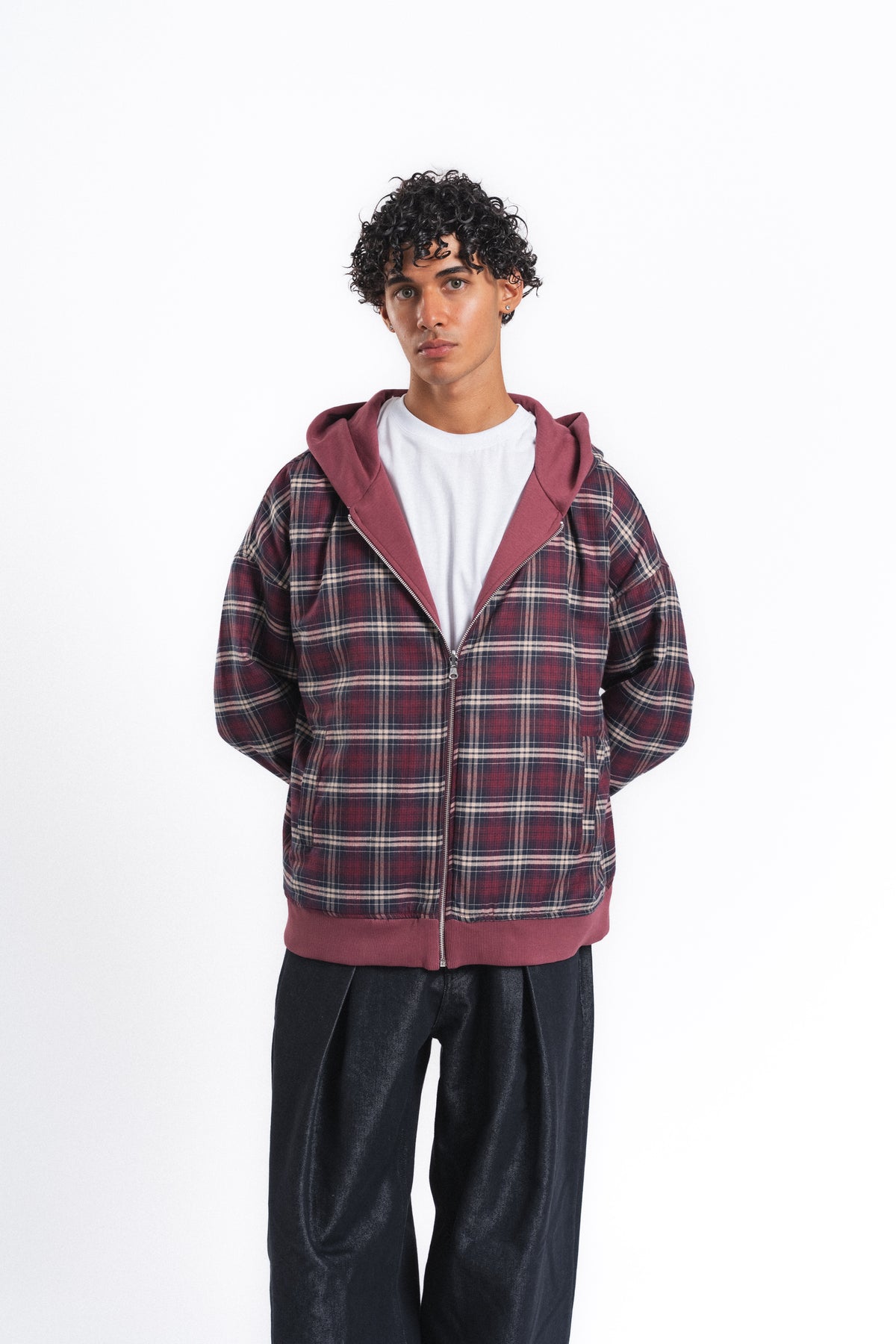 Switch Kareli Çift Taraflı Fermuarlı Hoodie Bordo