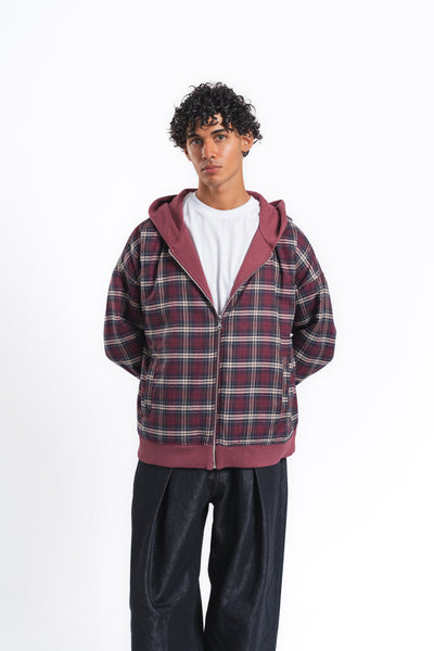 Switch Kareli Çift Taraflı Fermuarlı Hoodie Bordo