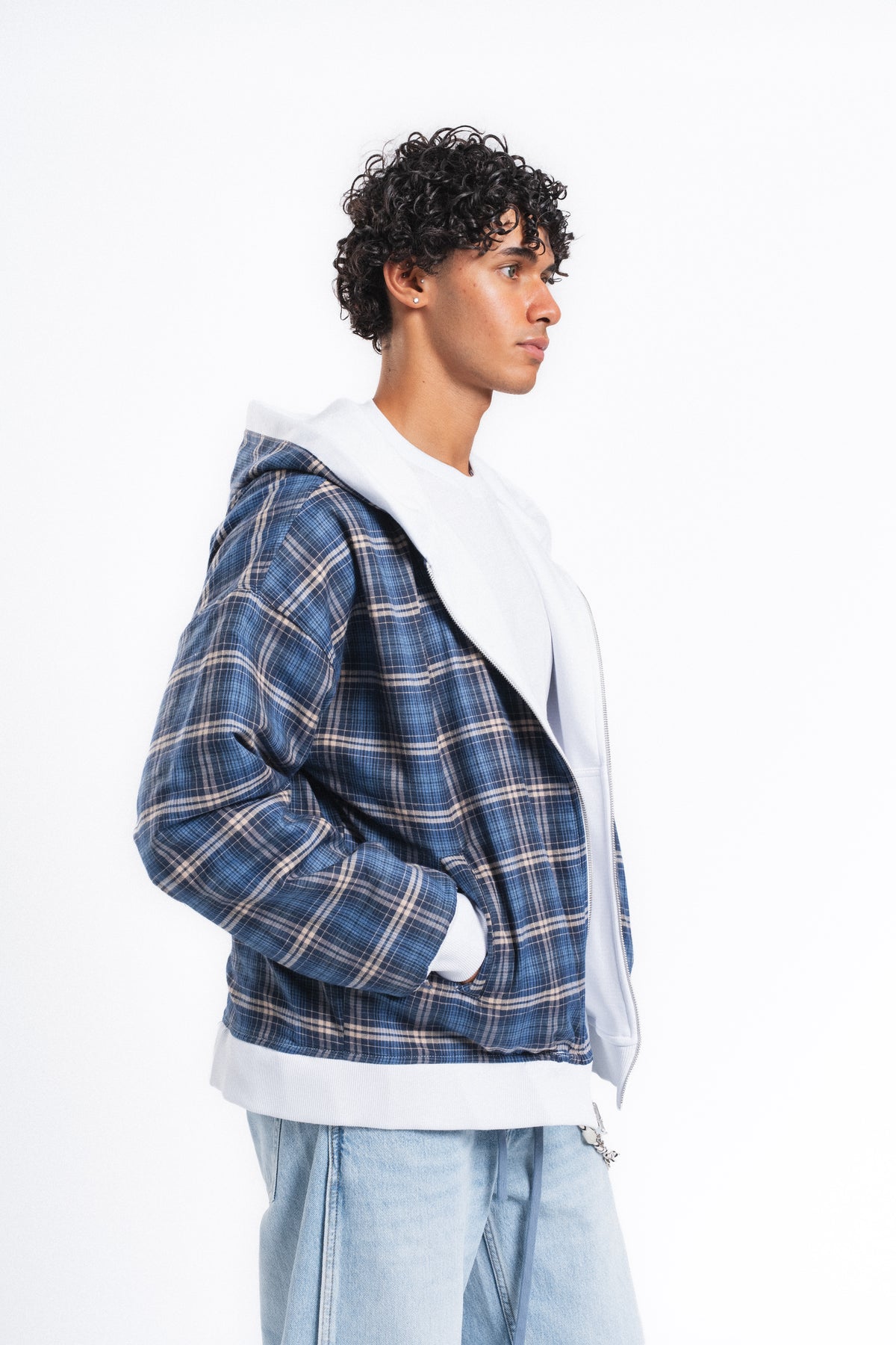 Switch Kareli Çift Taraflı Fermuarlı Hoodie Mavi