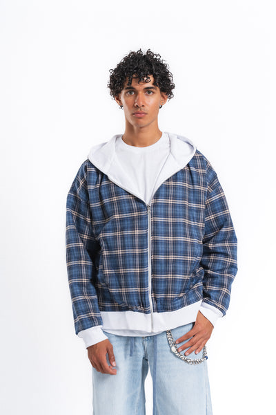 Switch Kareli Çift Taraflı Fermuarlı Hoodie Mavi