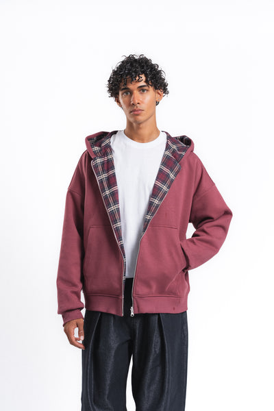 Switch Kareli Çift Taraflı Fermuarlı Hoodie Bordo