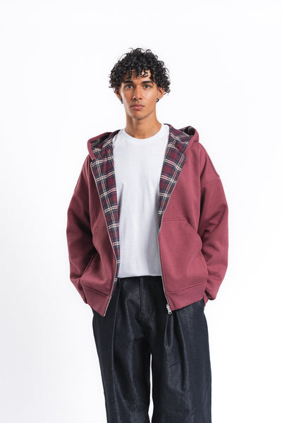Switch Kareli Çift Taraflı Fermuarlı Hoodie Bordo