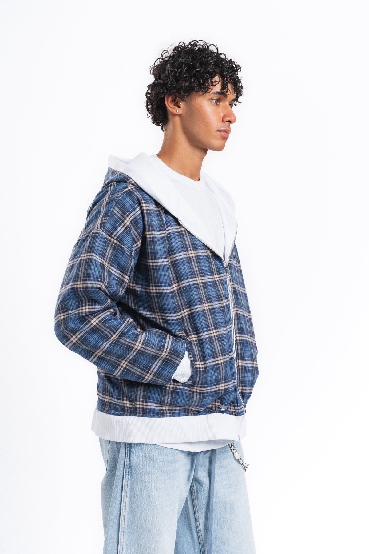 Switch Kareli Çift Taraflı Fermuarlı Hoodie Mavi