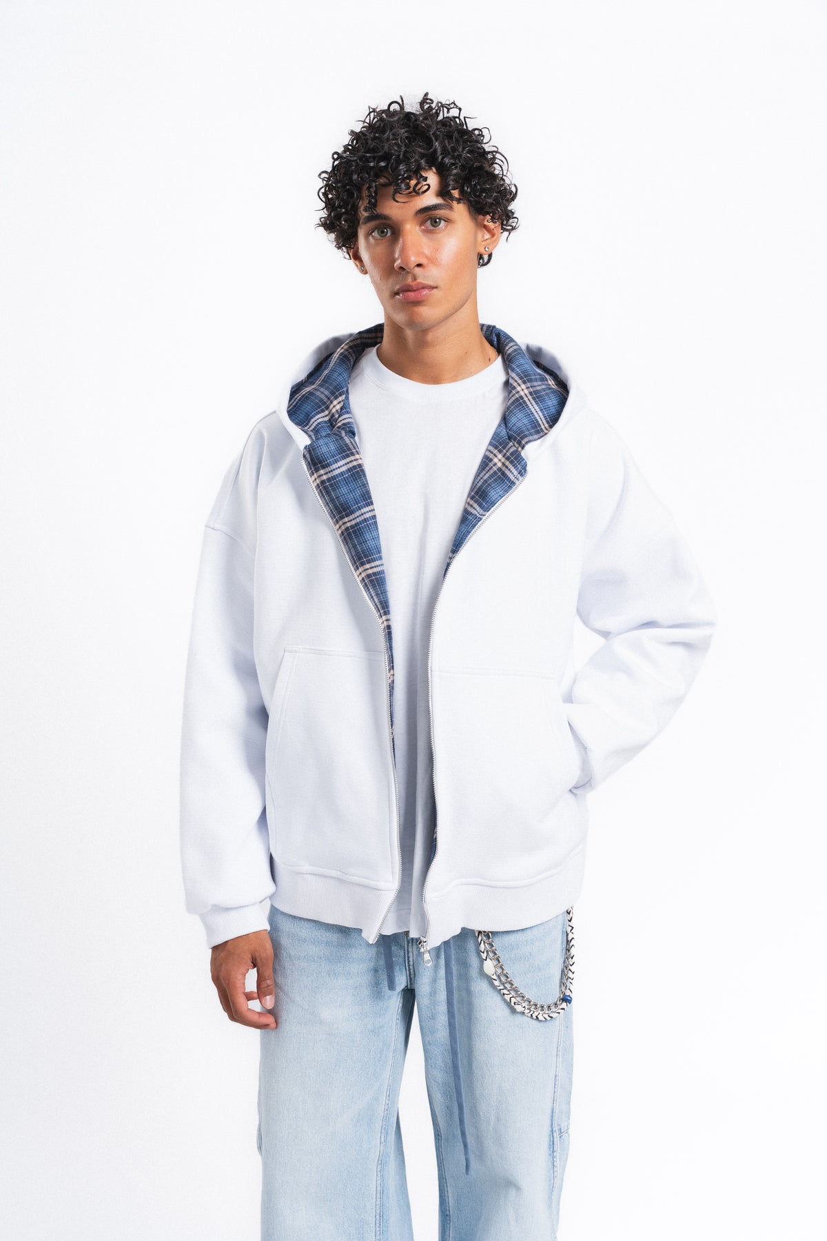 Switch Kareli Çift Taraflı Fermuarlı Hoodie Mavi