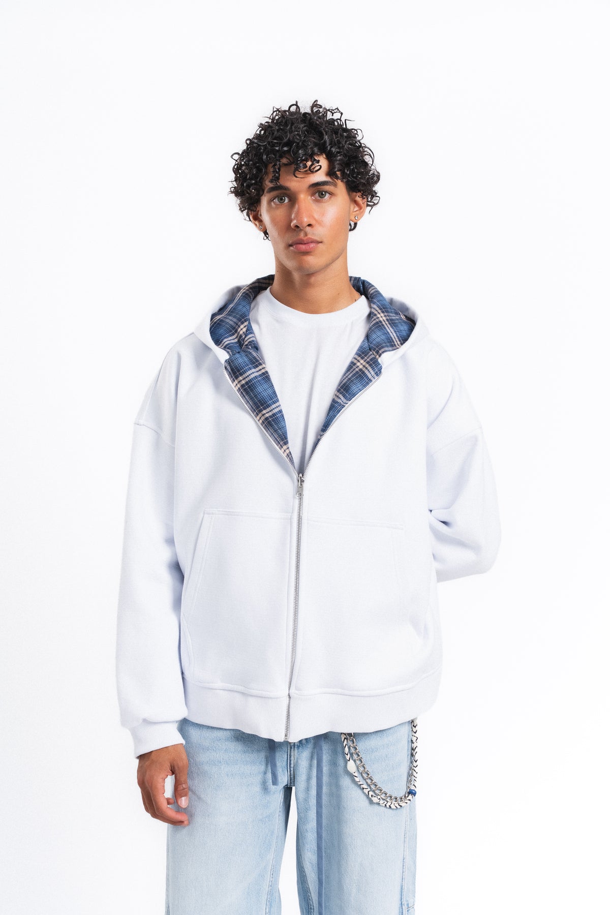 Switch Kareli Çift Taraflı Fermuarlı Hoodie Mavi