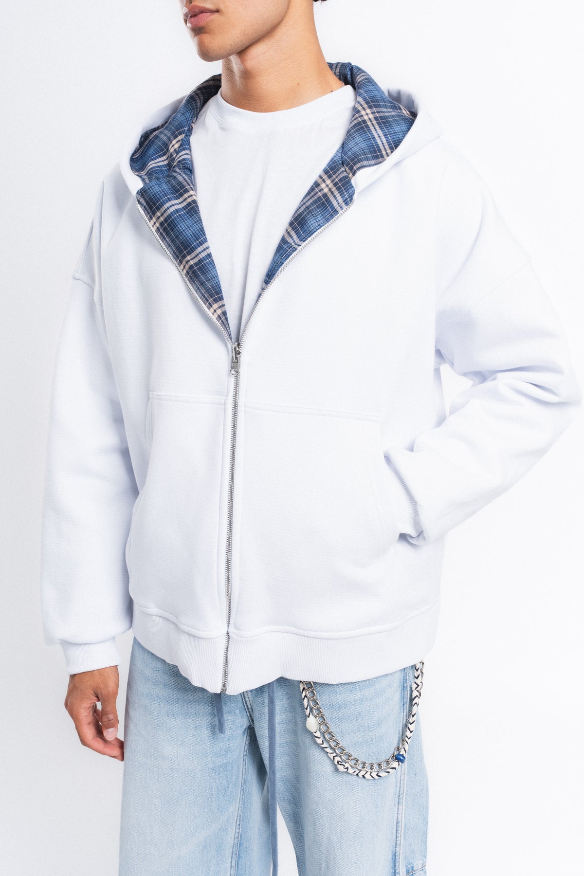 Switch Kareli Çift Taraflı Fermuarlı Hoodie Mavi