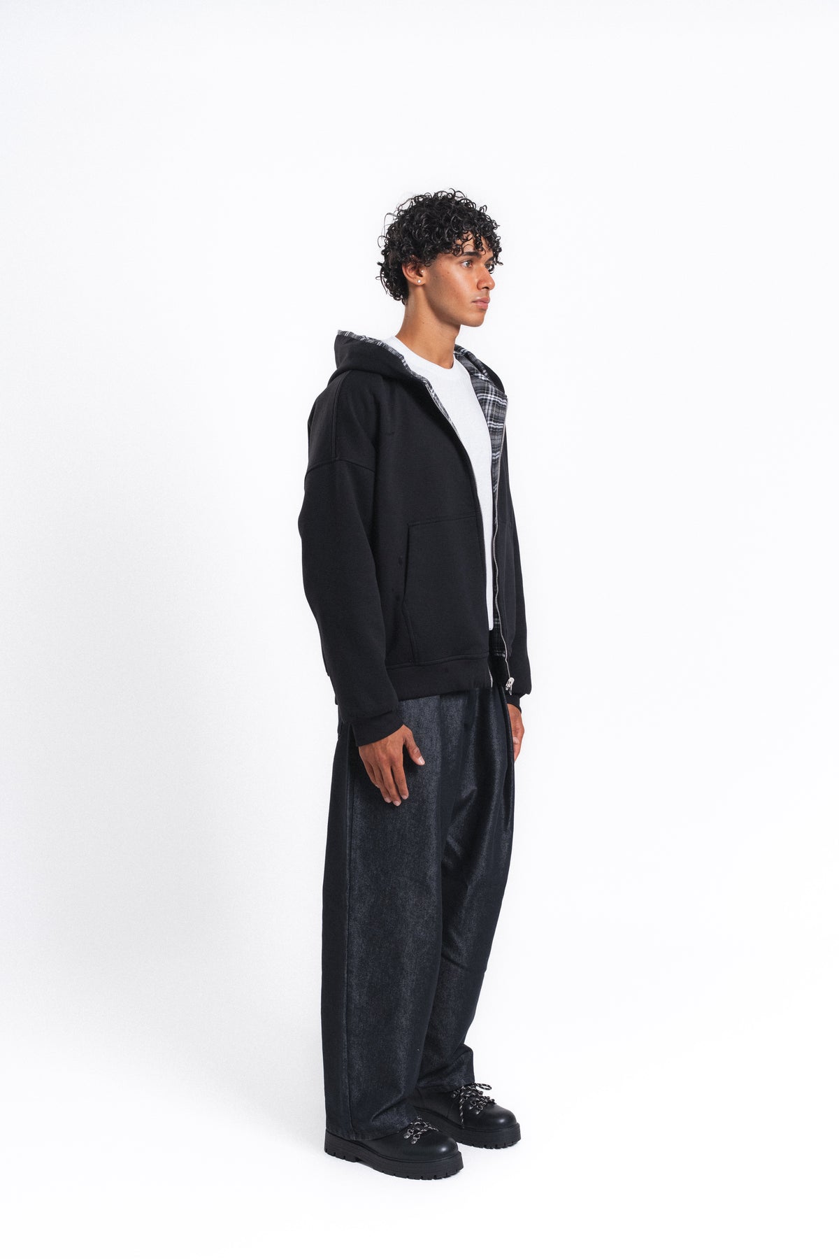 Switch Kareli Çift Taraflı Fermuarlı Hoodie Siyah
