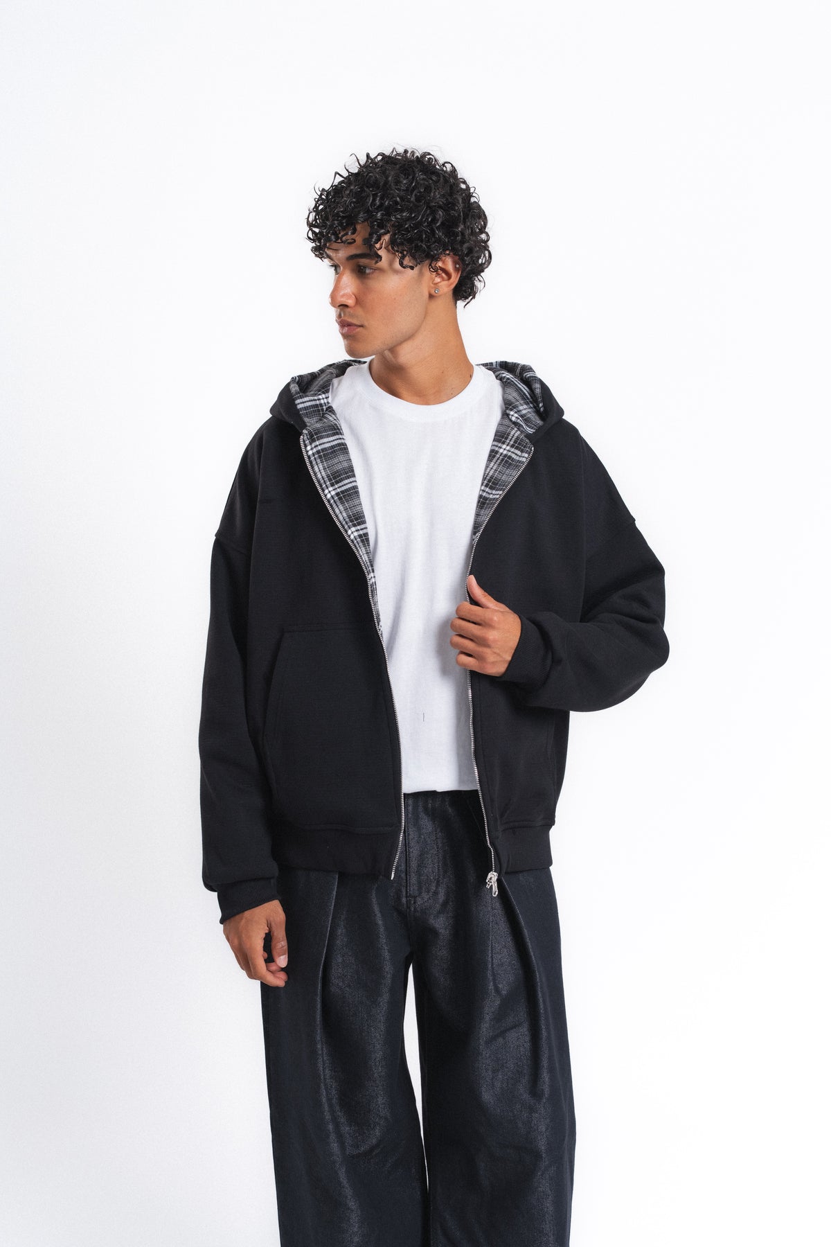 Switch Kareli Çift Taraflı Fermuarlı Hoodie Siyah