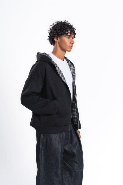 Switch Kareli Çift Taraflı Fermuarlı Hoodie Siyah