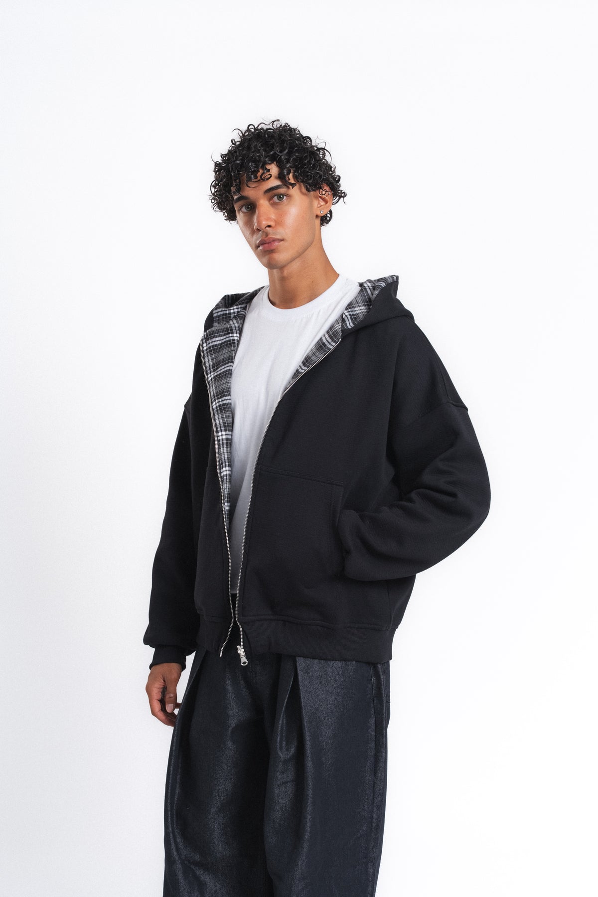 Switch Kareli Çift Taraflı Fermuarlı Hoodie Siyah