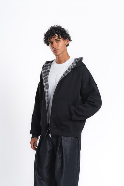 Switch Kareli Çift Taraflı Fermuarlı Hoodie Siyah