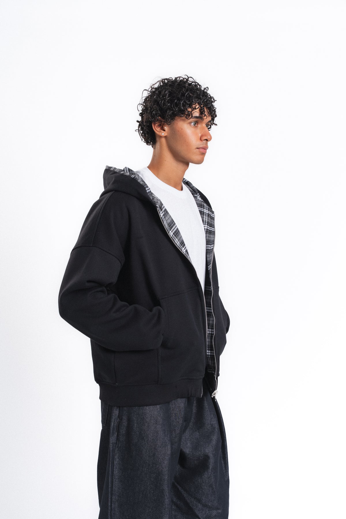 Switch Kareli Çift Taraflı Fermuarlı Hoodie Siyah