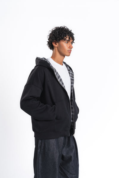 Switch Kareli Çift Taraflı Fermuarlı Hoodie Siyah