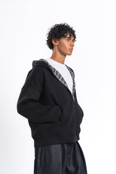 Switch Kareli Çift Taraflı Fermuarlı Hoodie Siyah
