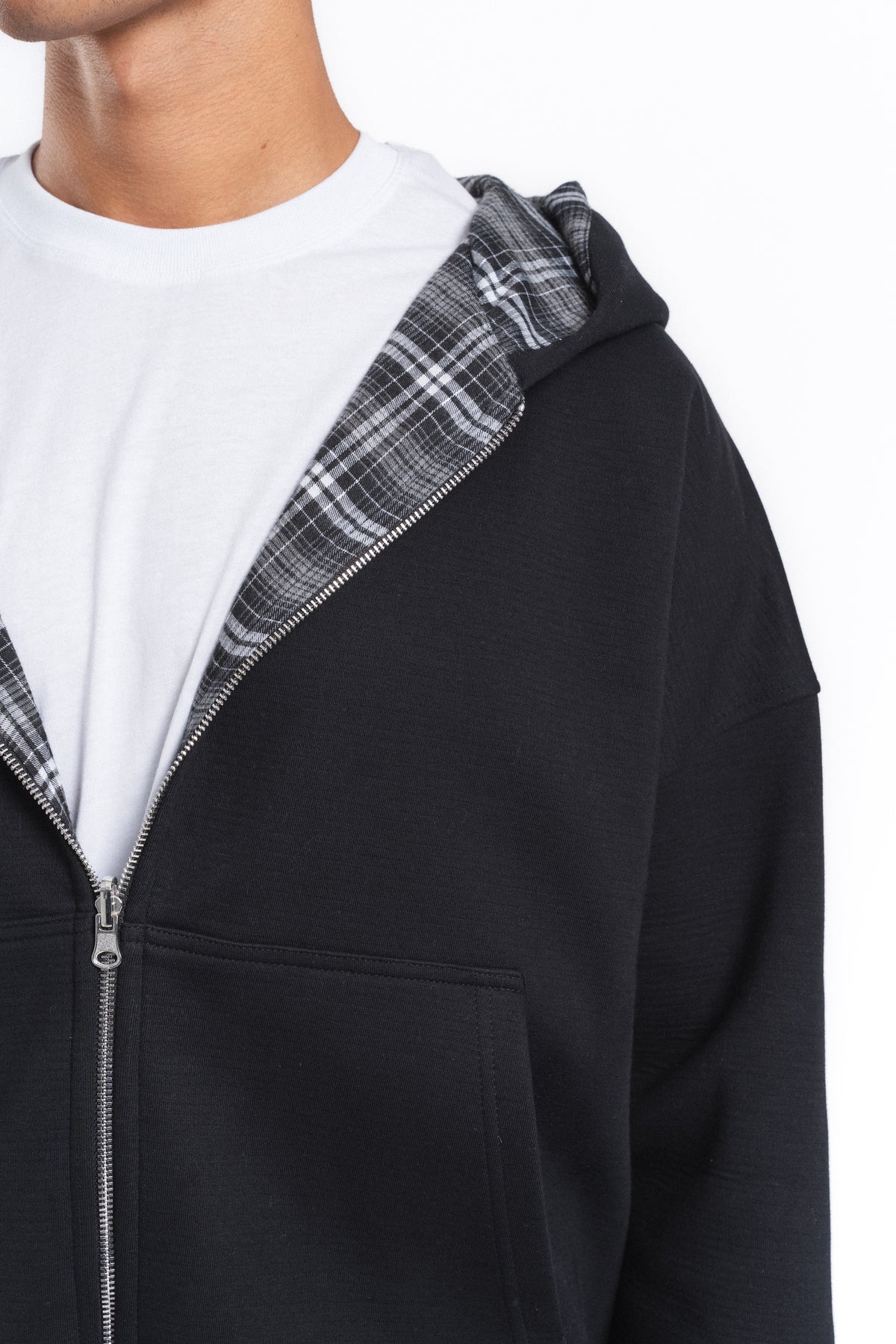 Switch Kareli Çift Taraflı Fermuarlı Hoodie Siyah