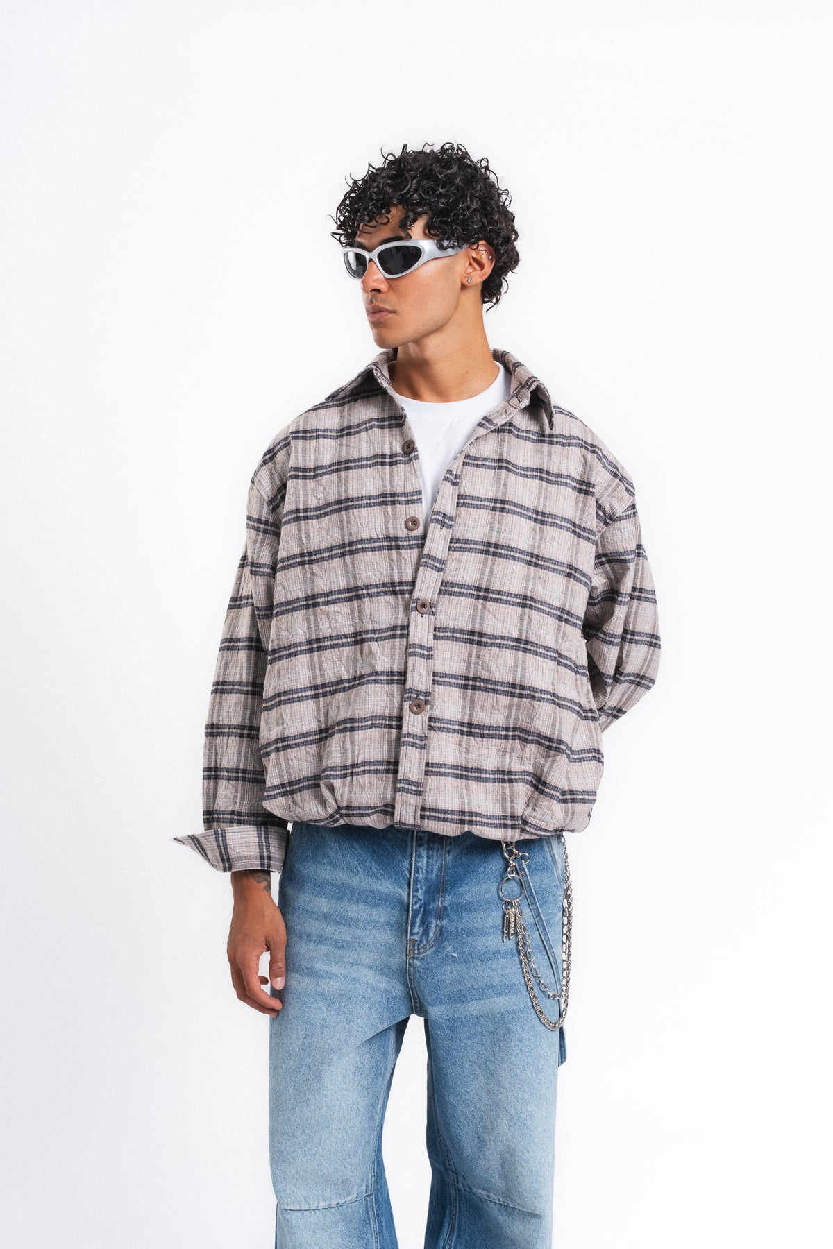 Grid Kareli Oversize Gömlek Ceket Bej