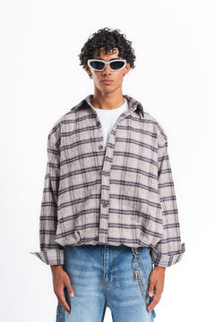 Grid Kareli Oversize Gömlek Ceket Bej