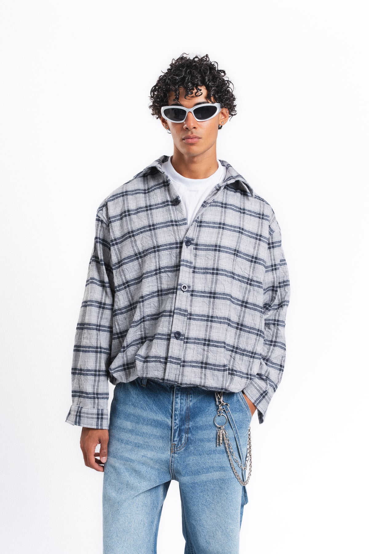 Grid Kareli Oversize Gömlek Ceket Gri